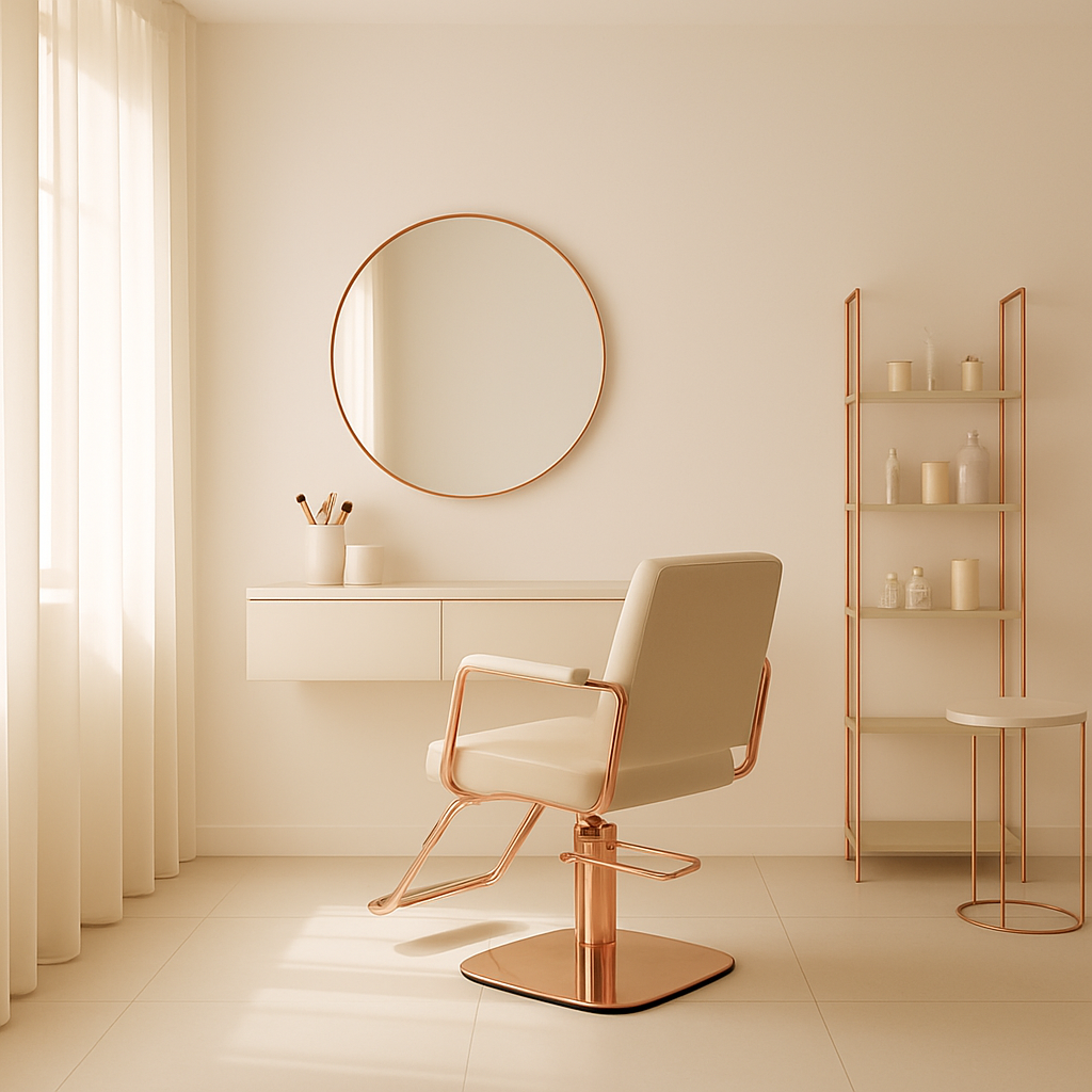 Bright modern beauty salon corner with minimal decor and warm lighting