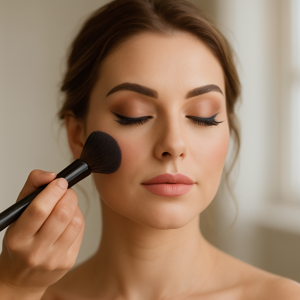 Close-up of professional makeup application highlighting client natural beauty