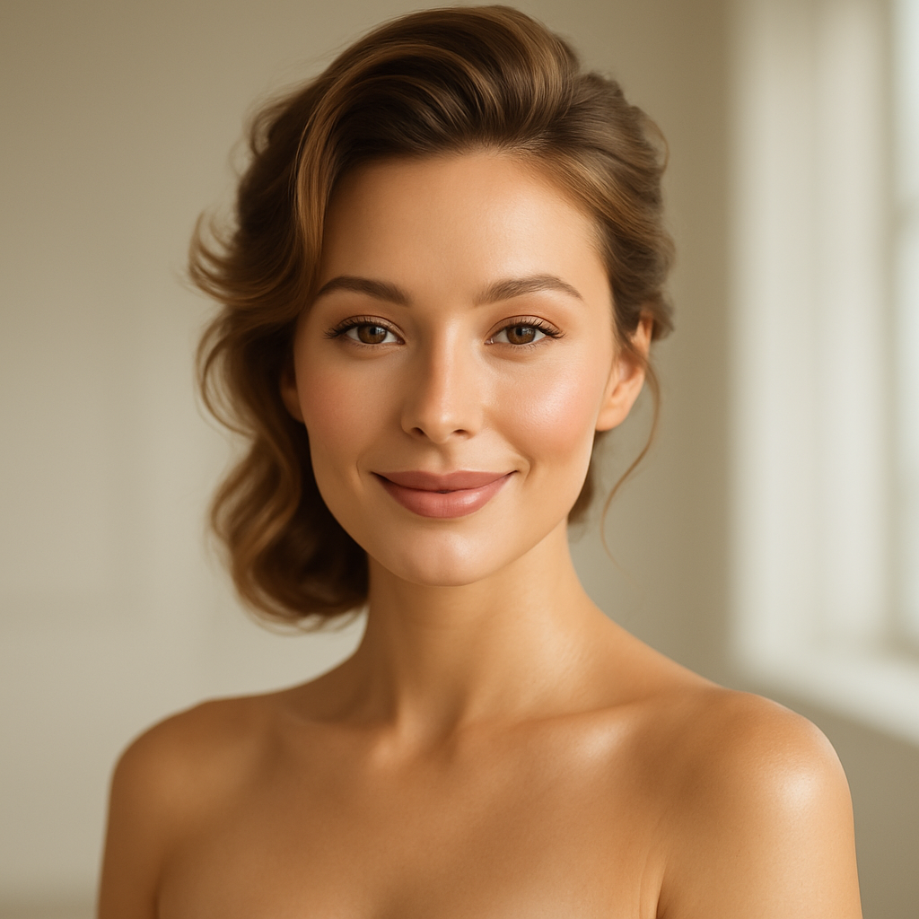 Radiant woman showing glowing skin and styled hair post-treatment