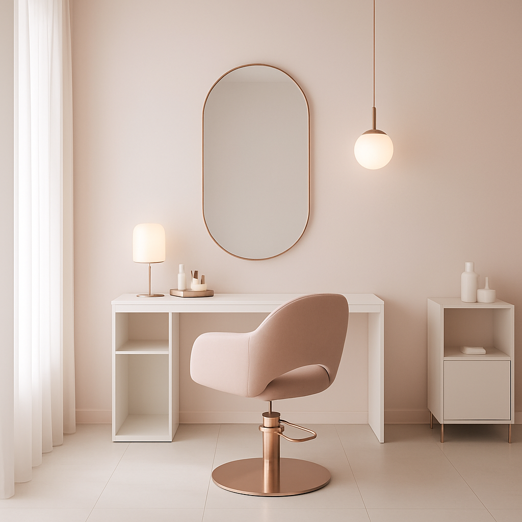 Elegant modern beauty salon interior with soft pink and rose gold accents conveying luxury and calm