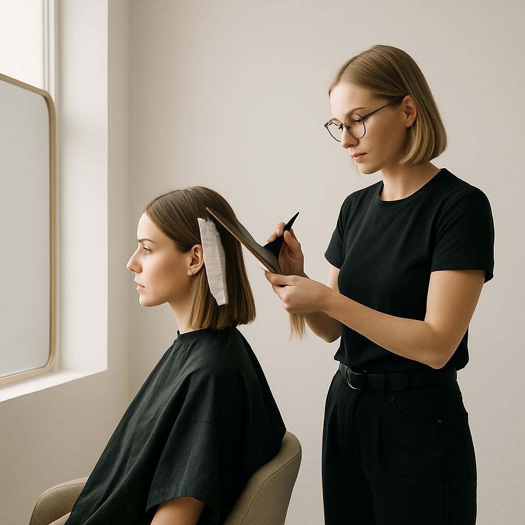 Stylist applying hair color and cutting hair in a modern salon setting